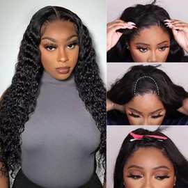U Part Wigs Human Hair Wigs for Black Women Deep Wave Human Hair 250% Density Brazilian Hair Full Head Clip in Half Wig V Part Glueless Wigs Human Hair Pre Plucked U Shape Wigs Natural Color (24 inch)