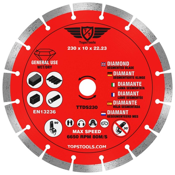 1 x TopsTools TTDS230 230mm (9") x 10mm x 22.23mm Bore Segmented Diamond Angle Grinder Circular Saw Blade Compatible with Bosch Dewalt Makita Milwaukee and Many Others
