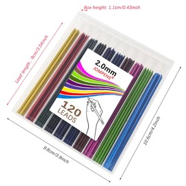 MROOFUL 120 Pieces Carbon 2mm Refills, 2.0mm Pencil Leads, Mechanical Leads, 10 Colours, High Capacity for Design, Drawing, Crafts, Writing, Sketching
