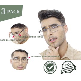 HOTJOJO 3 Pack Bifocal Reading Glasses for Men, Blue Light Blocking Computer Readers,Anti UV Ray/Eye Strain/Glare, Wide Metal Frame Eyeglasses with Pouches(350 Magnification Strength)