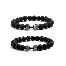 Red Yun En 2 Pcs Black Dumbbell Bracelet for Men Gym Weighted Beaded Bracelet 8mm Volcanic Lava Stone Stretch Beads Bracelet Gym Essentials Jewelry for Men (A Style)