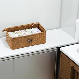 ORDELITE Wicker Storage Basket with Lid, Natural Seagrass Storage Baskets for Organizing, Rectangular Woven Basket for Storage, Decorative Boxes Bins with Lids Home Organizer Decor