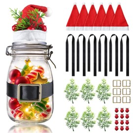 Suncalla 18 Pcs Christmas Mason Jars DIY Crafts Kits Included 6 Mini Santa Hat 6 Red Berries Picks Artificial Pine Branches 6 Santa Belt Buckle Crafts for Christmas Party Activity Supplies
