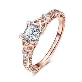 JewelryPalace Vintage Celtic Knot Princess Cut 1.2ct Cubic Zirconia Solitaire Engagement Rings for Women, 14k Rose Gold Plated 925 Sterling Silver Promise Rings, Simulated Diamond Ring Size 10