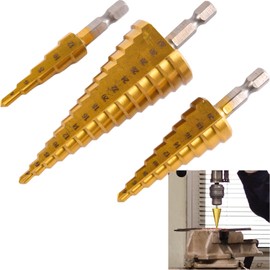 3 pcs HSS Step Bits, High Speed Steel Step Drill Bit Set (4-12mm, 4-20mm, 4-32 mm) Cone Drill Bits Hole Cutter,Cone Hole Cutter Drill Bits with Universal Hex Shank for Wood, Plastic and Sheet Metal