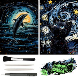 VTEAS Glow in The Dark Scratch Art Rainbow Painting Paper, 2 Pack Van Gogh Style Engraving Art Creative Craft Tools Set, Fun Magic DIY Sketch Card Scratchboard for Kids & Adults (Dolphin + Cat)