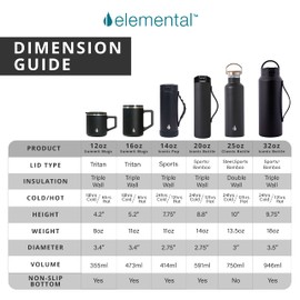 Elemental Classic Insulated Water Bottle, Leak Proof Thermos Water Bottle with Bamboo Lid and Metal Ring, Reusable Insulated Stainless Steel Water Bottle, 25oz - Graphite