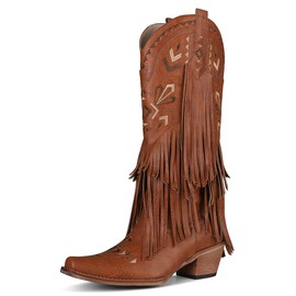 SaraIris Women's Cowgirl Boots Knee High Fringe Boots Tassel Western Boots Classic Embroidered Boots Chunky Heel Pointed Toe Pull On Cowboy Boots for Women
