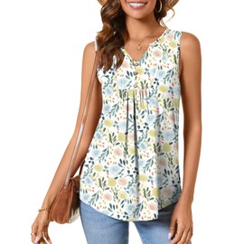 CATHY Womens Summer Sleeveless Tank Top V Neck Button Blouse Casual Pleated Basic Henley Shirts, M, Macaron Flower Grass