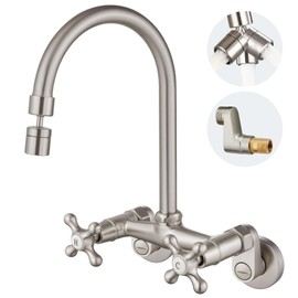 Airuida Wall Mount Kitchen Faucet with Sprayer Wall Mounted Kitchen Sink Faucet Double Cross Handles 360 Degree Swivel Spout Restaurant Mixer Tap Commercial 6 Inch Center Brushed Nickel