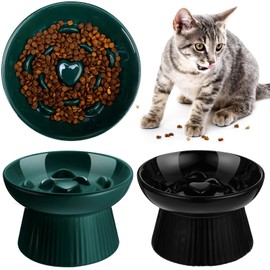 Tioncy 2 Pcs Ceramic Slow Feeder Raised Cat Bowl Cat Food Bowl Elevated Cat Bowls Dry Wet Food and Water Bowl Easy to Clean Pet Bowls High Edge for Cats Small Dogs, Dishwasher Safe (Dark Green, Black)