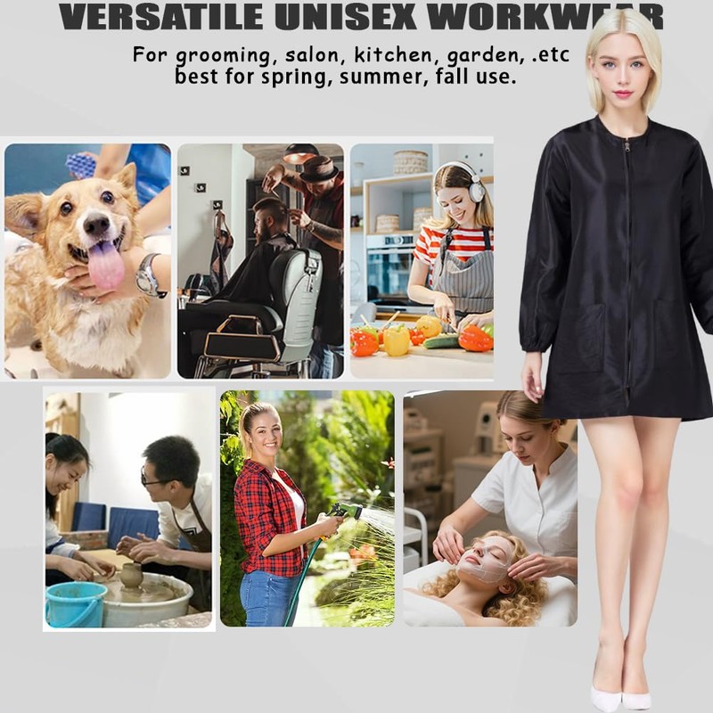 Dog Grooming Smock Long Sleeves Water-Repellent Hair-Proof (Black, M)