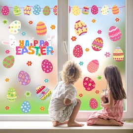 ANHUIB Easter Window Stickers Happy Easter Window Clings for Glass Easter Bunny Glass Decal Decorations Easter Egg Flowers Spring Window Decals for Easter Party Home Office Shop Window School Decor