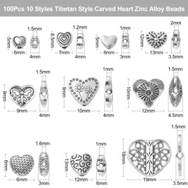 DanLingJewelry 100Pcs 10 Styles Tibetan Alloy Antique Sweet Love Heart Beads Heart Spacer Beads for Valentine's Day Jewelry Making