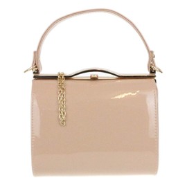 Girly HandBags Glossy Patent Faux Leather Clutch Bag Handle Closure Evening Handbag -- Nude