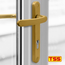 TSS Gold UPVC Door Handle Pair Set, Sprung, 92mm PZ (Centres), Lever Lever, 203mm Screw to Screw (Screw centres), Backplate 232mm x 32mm - Replacement PVC Door Handle in Gold, Suits Everest/Asgard