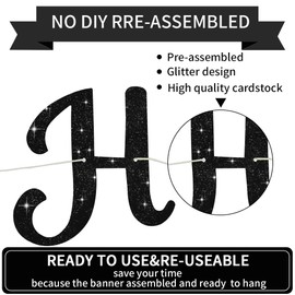 BEISHIDA Black Happy Birthday Banner - NO DIY, 10ft Pre-Strung Glitter Birthday Sign, Garland & Backdrop Decorations