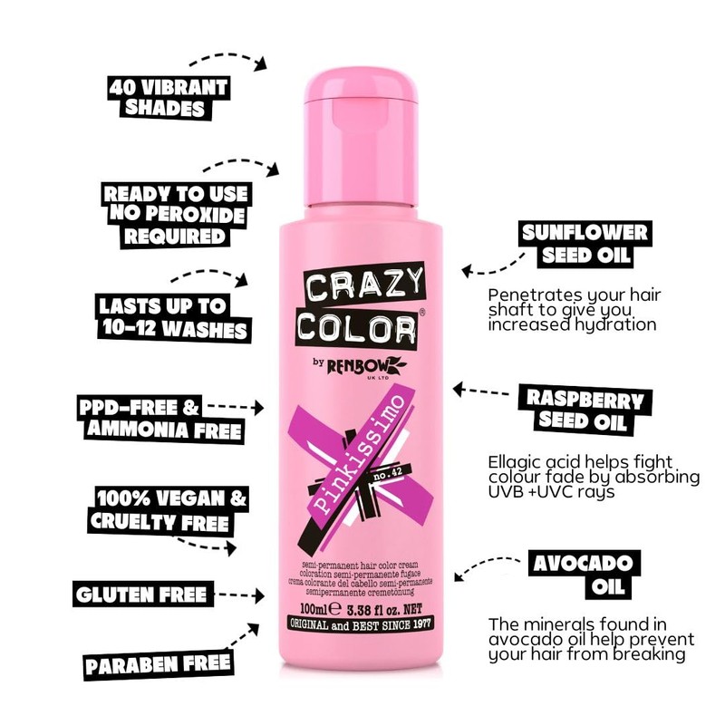 Crazy Color Vibrant Pinkissimo Semi-Permanent Hair Dye. Highly Pigmented Magenta