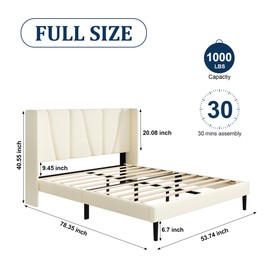 Sismplly Full Bed Frame with Headboard, Velvet Upholstered Full Size Platform Bed with Wingback, Mattress Foundation with Wooden Slat Support, No Box Spring Needed, Easy Assembly, Noise Free, Beige