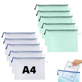 10 Pcs A4 Plastic Wallets Document Wallets with Zipper Waterproof A4 Zip Wallets for Office Home School Supplies A4 Document Wallets for School Office Homework Travel Storage Bags (White＋Green)