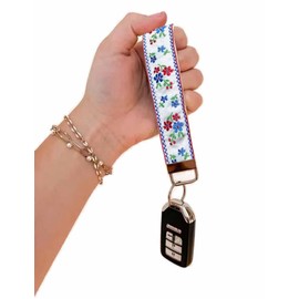 BattleTim Floral Embroidered Fabric Keychain Wristlet Key Fob Keychain Car Key Chain Holder Handmade Wristband for Women (Red)