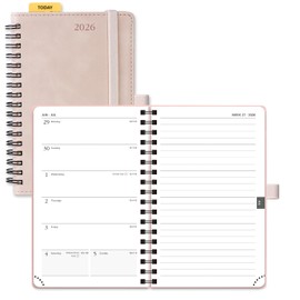 POPRUN 2026 Pocket Diary A6 Week to View Spiral Bound PU Leather Soft Cover 16 x 10.5 cm Appointment Work Book - 26 Small Weekly Planner & Notebook in One (Soft Pink）