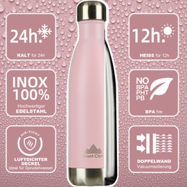 Mont-Clair H2O Stainless Steel Drinking Bottle - Thermos Flask - BPA-Free - Water Bottle, Stainless Steel Drinking Bottle 500 ml - 24 Hours Cold & 12 Hours Warm - Leak-Proof Drinking Bottle - Pink