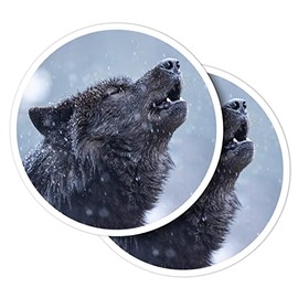 Vinyl Round Stickers (Set of 2) 10cm - Black Howling Wolf Wolves Winter for Laptops, Tablets, Luggage, Scrap Booking, Fridges #52646