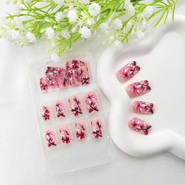 Medium Press on Nails Square Acrylic Nails Press ons Pink Full Cover Fake Nails with Plum Bossom Design Snow Glue on Nails Glossy False Nails Winter Stick on Nails for Women and Girls 24Pcs