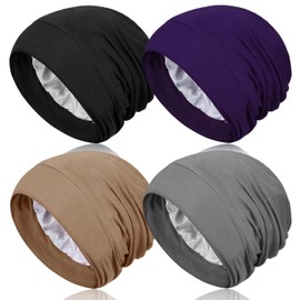 Heywhose 4 Pieces Satin Lined Sleep Bonnet - Adjustable Sleeping Cap Slouchy Beanie Hat for Curly Hair