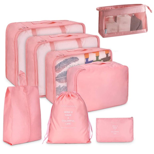Reise-Verpackungswürfel, 8-teiliges Set Reisewürfel, faltbare Gepäckaufbewahrungstasche, leichte Gepäckaufbewahrungstasche (Rosa)