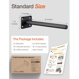 BATODA - 6" Floating Shelf Bracket (8 pcs) - Solid Steel Blind Shelf Supports - Hidden Brackets for Floating Wood Shelves - Blind Shelf Support – Shelving Mounting Hardware Included (Pack 8)