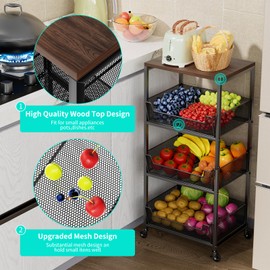 HapiRm HapiRm Fruit Basket Kitchen Cart - 4-Tier Rolling Storage Cart with Wheels, Fruit Vegetable Basket with Wood Top, Pantry Utility Kitchen Organizer for Fruit Potato Onion Vegetable Bread Snack