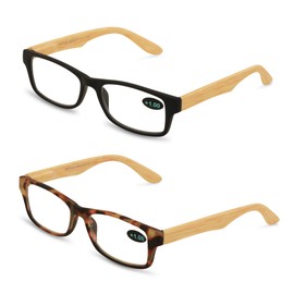 V.W.E. 2 Pairs of Wood Grain Printed Temple Arm Reading Glasses - Spring hinge men women readers (1 Black 1 Tortoise, 4.00)