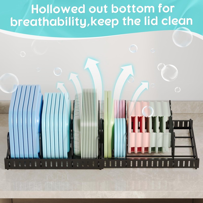 Expandable Food Container Lid Organizer,Large Capacity Adjustable 8 Dividers Detachable