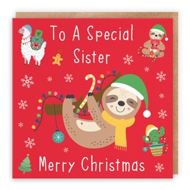 Hunts England - Sister Christmas Card - To A Special Sister - Merry Christmas - Sloth & Llama Collection - Funny Card