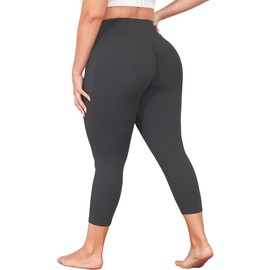 MEJING Plus Size Capris for Women, Plus Size Leggings with Pockets, Grey Workout Clothes, Butt Scrunch Yoga Pants Tummy Control Gym Activewear XL