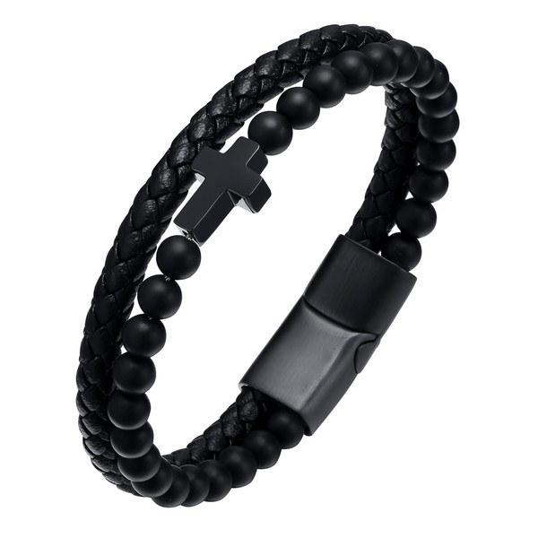 Cross Leather Bracelet for Men, Double-Layer Braided Microfiber Leather Black