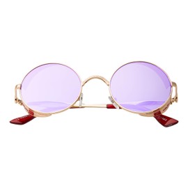 Ultra Steampunk Round Sunglasses Gold with Purple Lenses Retro Mens Women Cosplay Cyber Gothic Vintage UV400 Protection Goggles Blinders Unisex