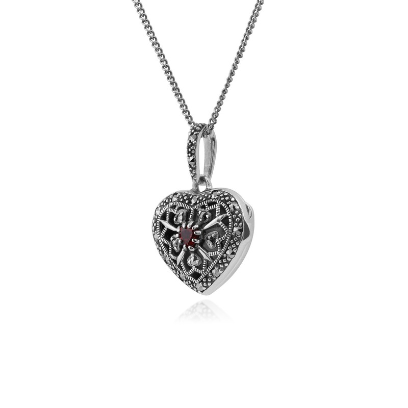 925 Sterling Silver Garnet & Marcasite Heart Locket Necklace