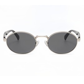 JCTAIFOO Vintage Oval Sunglasses Retro Stylish Round Sunglasses for Women Men Metal Frame Glasses, Silver/dark grey
