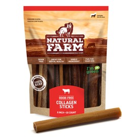 Natural Farm Natural Farm Collagen Dog Chews. 6 Inch, 10 Pack. Odor-Free Long Lasting Bully Sticks & Rawhide Alternative Dog Treats, 95% Collagen Low Fat, High Protein Best Dental Dog Treats C Medium & Large Dogs