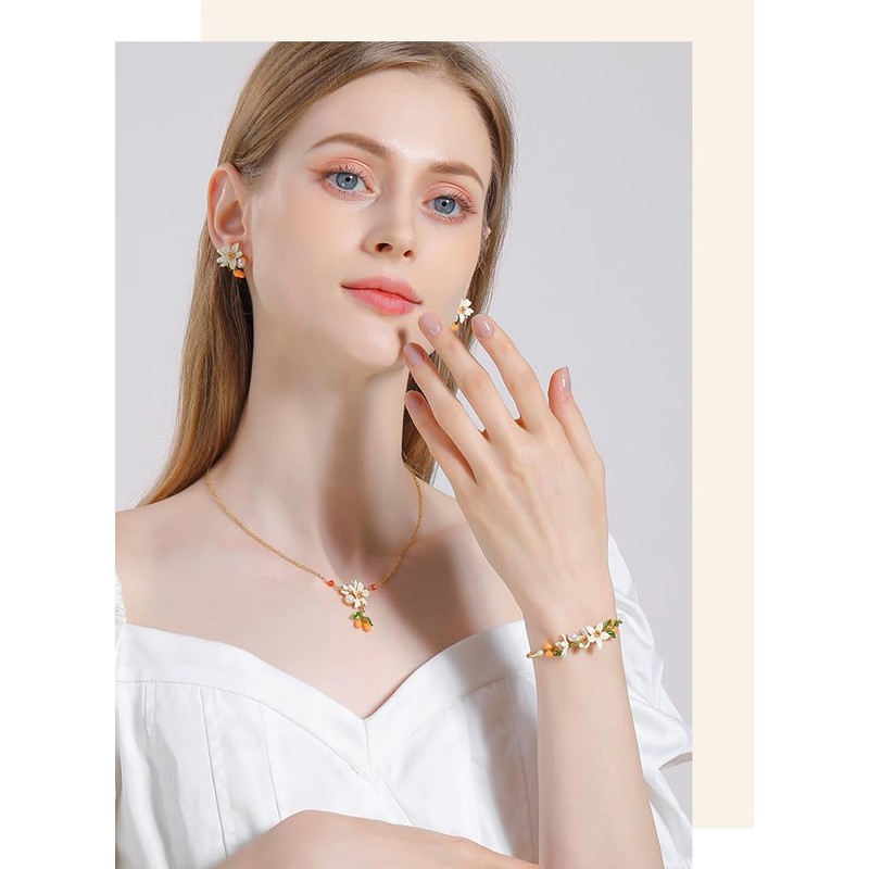 Kaipink Orange Blossom Flower Kumquat Pearl Enamel Bracelet Jewelry Gift