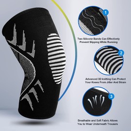 2 Pack Knee Brace, Knee Support for Women and Men, Breathable Anti-Slip Knee Compression Sleeve, Knee Brace for Arthritis, Joint Pain, Tendonitis, Meniscus Tear, Ligament Injury, Running (XL: 48-55cm)