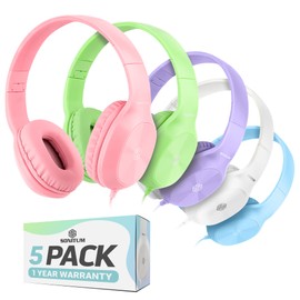 Sonitum Kids Headphones for School Bulk Set 5-Pack On-Ear, 3.5mm, Wired Headphones for Schools & Libraries – Adjustable, Cushioned Wired Kids, (Mixed Colors)