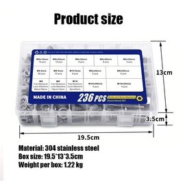 236 Pieces [M6 M8 M10] 304 Stainless Steel Round Heavy Duty Bolts and Nuts Assortment Kit 304 Stainless Steel(18-8) Hex Screws Nuts & Washers kit