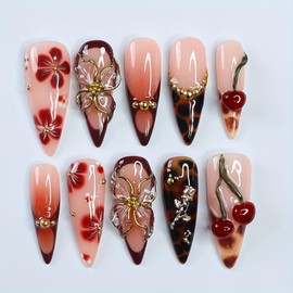 Handmade Press on Nails Medium Almond Fake Nails Press Ons Fall Leopard Lrint 3D Gold Flower Cherry Rhinestone Full Cover Rose Charm Stick on Nails Glue on Nails for Women Girls (Charm Brown S)