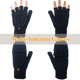Beurlike Women's Winter Gloves Warm Wool Knitted Convertible Fingerless Mittens (Black)