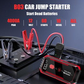 PowQ Jump Starter - 4000A Portable Car Battery Jump Starter for All Gas & 10.0L Diesel Engines, 12V Jump Box Battery Pack & Jumper Cables, USB Quick Charge, 4-Mode Emergency Light