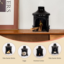Belsea Palo Santo Holder, Mini Fireplace Palo Santo Burner, Handmade Ceramic Smudge Bowl for Sage, Incense Cones, Candles, Chimenea Ash Catcher for Meditation, Yoga, Spa, Home Decor (Black)